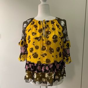 DVF Annabel Silk Chiffon Ruffle Top Yellow Floral Boho Flowy Natural